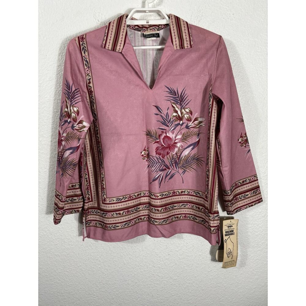 Vintage 70s Harlow Top Size M Pink Floral 3/4 Sleeve Polyester Hawaiian Boho